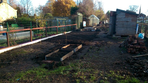 Raised beds are starting to go in ready for soft fruit, rhubarb etc - The two canes mark the entrance for a polytunnel that's going to be erected next spring to house, amongst other things, chillis and exotic stuff!