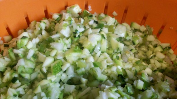 Try to leave your vegetable mix brining for at least an hour - This will help to remove some of the excess liquid held inside the courgettes and keep them crisp and with 'bite' in the finished relish.